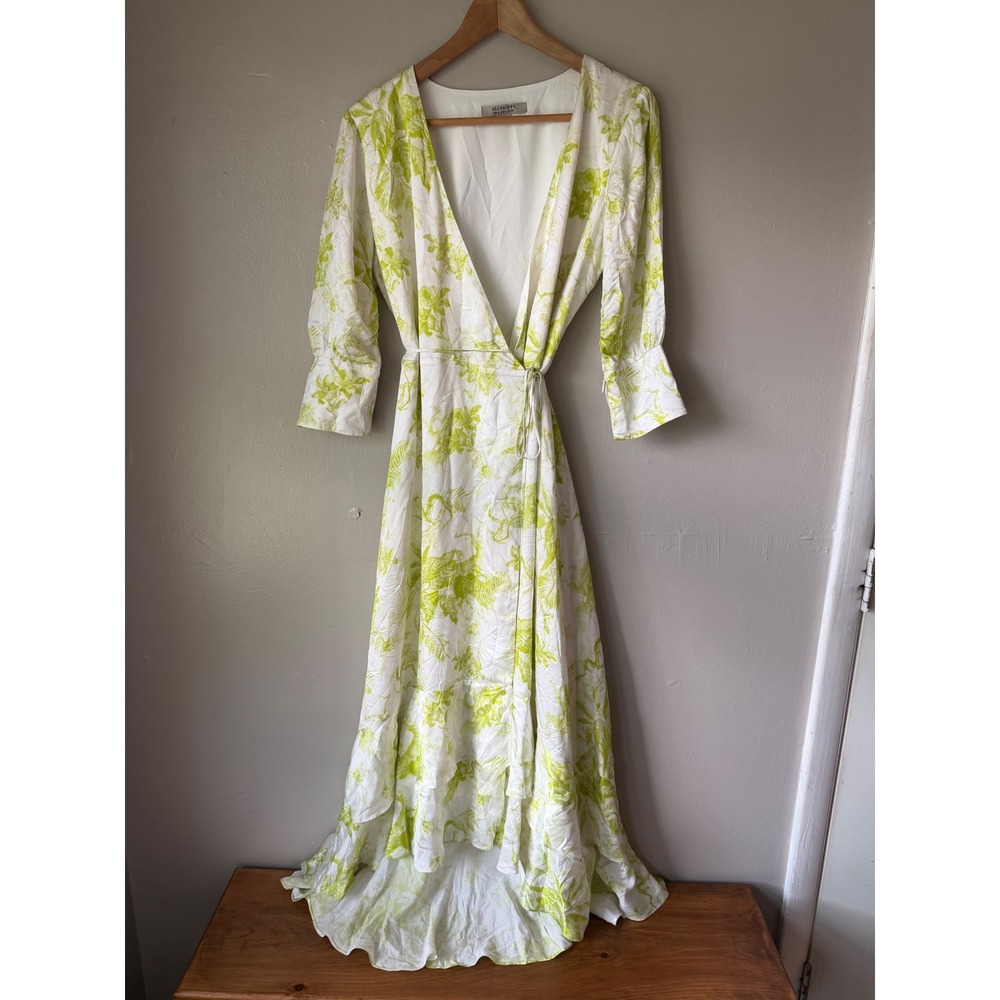 AllSaints Lime Green White Jungle Print Wrap Maxi Dress High Low Ruffle Sz US 4
